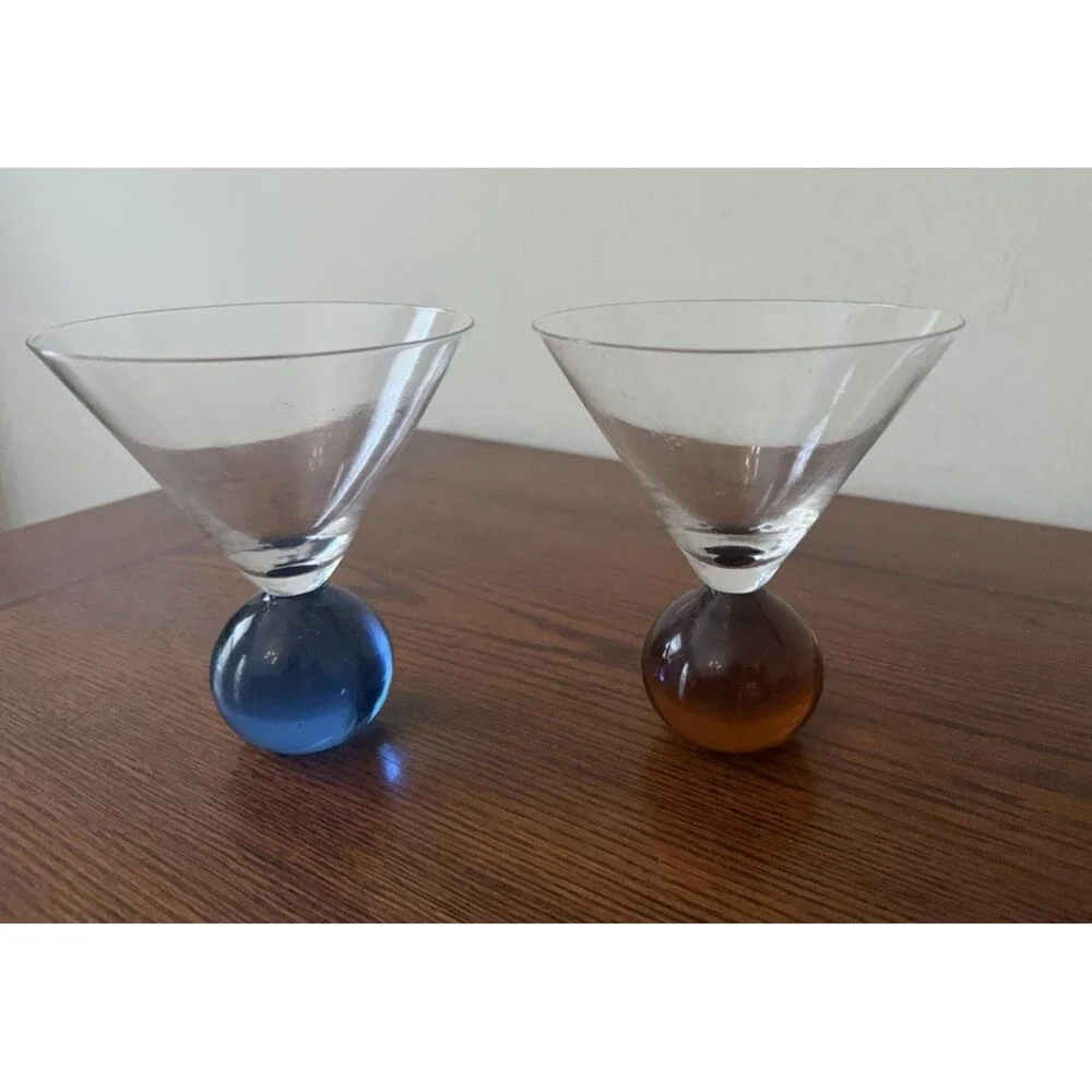 Set of 2 Post Modern Clear Glass Martini Glasses Blue & Amber Ball Base